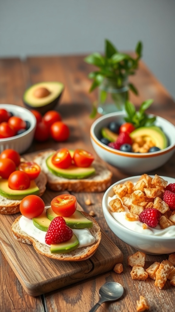 Healthy Sourdough Bread Breakfast Ideas Toasted sourdough bread with avocado and tomatoes, Greek yogurt with berries, on a rustic table.